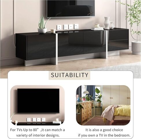 Modern Contemporary Rectangle Design Cabinet Stand with High Gloss UV Surface, Unique Style Console Table for TVs Up to 8'', for Living Room, Black in Saudi Arabia