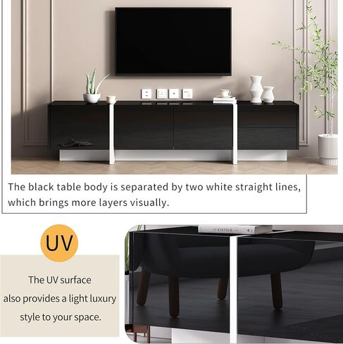 Modern Contemporary Rectangle Design Cabinet Stand with High Gloss UV Surface, Unique Style Console Table for TVs Up to 8'', for Living Room, Black in Saudi Arabia