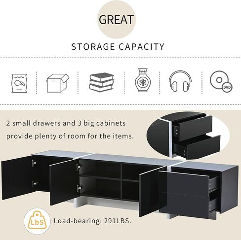 Modern Contemporary Rectangle Design Cabinet Stand with High Gloss UV Surface, Unique Style Console Table for TVs Up to 8'', for Living Room, Black in Saudi Arabia