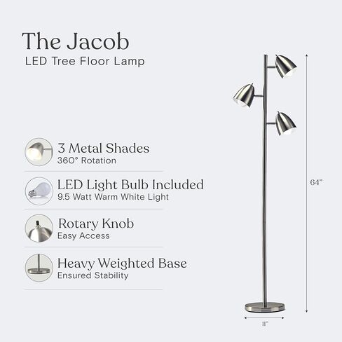 Brightech Jacob LED مصباح قائم، مصابيح أرضية مشرقة حديثة لغرف المعيشة وغرف النوم، مصباح إضاءة LED طويل القامة مع 3 شجرة إضاءة قابلة للتعديل - نيكل الساتان in Kuwait