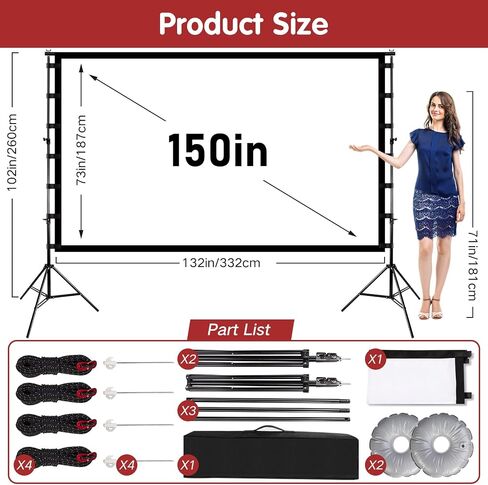Projector Screen with Stand, 150 inch Indoor Outdoor Portable Projection Screen,Outdoor Movie Screen Stand with Carry Bag for Backyard Movie,Office,Camping,Parrty in Saudi Arabia