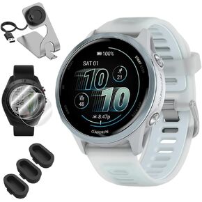 Garmin 010-02970-01 Forerunner 570 42mm GPS Smartwatch و Aluminium و Whitestone/Blue Band مع Deco Essentials شحن Dock وغطاء غبار السيليكون 3x و 2x 1.2 بوصة شاشة الشاشة