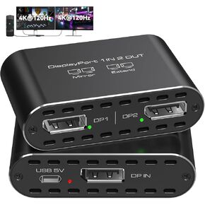 4K120Hz Dual DisplayPort Splitter for 2 Monitors Extended Display Port to Dual DP Splitter 1 in 2 Out Adapter for Laptop, Computer, PC and Graphics Card