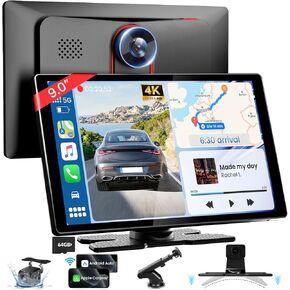 9 '' HD شاشة Carplay Portable للسيارة مع كاميرا اندفاعة 4K و 1080 بكسل الكاميرا الاحتياطية DVR ، مستقبلات صوت السيارات مع شاشة اللمس التلقائي Carplay و Android ، تنقل GPS ، رابط المرآة ، التحكم الصوتي