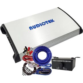 Audiotek AT5000S 2 Channel Stereo Car Amplifier - 5000 واط ، 2 أوم مستقر ، مؤشر LED ، المدى الكامل ، مقبض الجهير ، رائع للمكبرات الصوت وضغط الصوت مع 4 GA AMP KIT BUNDLE