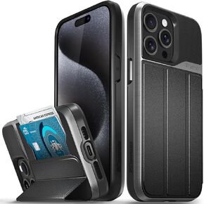 VENA vCommute for iPhone 15 Pro Max Wallet Case, [Military Grade Drop Protection] Flip Leather Cover Card Slot Holder with Kickstand - Black