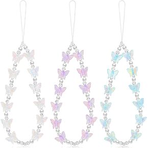 Ecally 3 Pcs Butterfly Beaded Phone Charm, Stationery Decoration Y2K Beaded Strap Lanyard Wrist Cute Chain Aesthetic Phone Strap Charm for Back to School Season(Vivid Color,Butterfly)