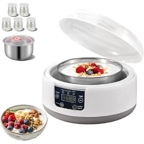 Yogurt Maker with Adjustable Time Control,Automatic Digital Yoghurt Maker Machine with 5 glass Jars&1.2L Stainless Steel Inner Pot for Home Organic Yogurt,Natto and Rice Wine