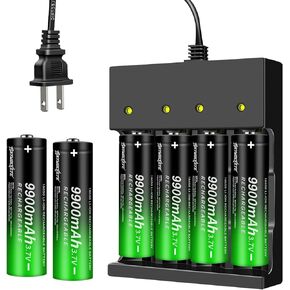 6pcs 18650 Rechargeable Batter￵y W￵i￵th 18650 Battery Charger,Button Top 9900mAh 3.7 Volt Lithium Battery for Headlamps,Led Flashlights, Outdoor Garden Lights etc