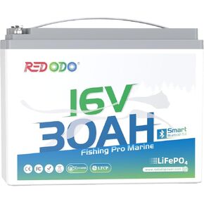 Redodo 16V 30Ah Lithium Marine Battery with Bluetooth, LiFePO4 Battery Built-in BMS, 4000+ Deep Cycle Rechargeable Lithium Battery, Perfect for Marine Devices such as Sonar, Radar, GPS, Fish Finder
