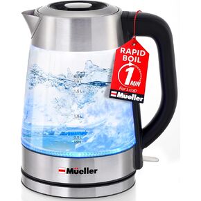 Mueller Rapidboil Electric Kettle 1.8L-Borosilicate Glass and Stainless Steel-BPA BEPA COYTTLE ، LED LED ، AUTO AUTH ، BOY DROUNTARE TEATER-HAFTING FASTE