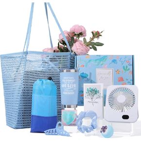Beach Gifts for Women,79" X 83" Beach Blanket Waterproof Sandproof, Beach Mesh Tote Bags, USB Portable Fan, Vacation Essentials Birthday Gift Baskets for Friends Sister Wife Her as Travel Camping