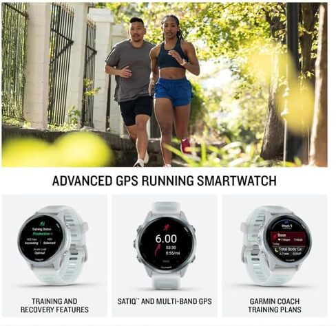 Garmin Forerunner 570 47mm GPS Running & Triathlon Smartwatch ، شاشة AMOLED ، التدريب والاسترداد ، AMP الصفراء المصنوعة من الألومنيوم/الشفافة البيضاء/النطاق الفيروز مع حزمة PowerBank القابلة للارتداء. in Kuwait