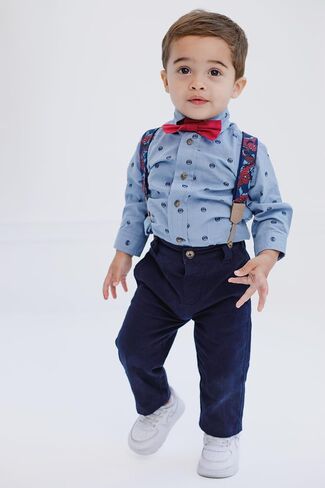 Marvel Spider-Man Toddler Boys Button Down Shirt Twill Pants Suspenders and Bow-Tie 4 Piece Outfit Set Blue 5T in Saudi Arabia