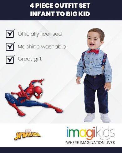 Marvel Spider-Man Toddler Boys Button Down Shirt Twill Pants Suspenders and Bow-Tie 4 Piece Outfit Set Blue 5T in Saudi Arabia