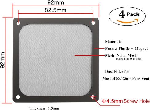90mm 92mm PC Computer Case Fan Dust Filter Grills with Magnet and Screws, Ultra Fine Nylon Mesh, Black Color - 4 Pack in Saudi Arabia