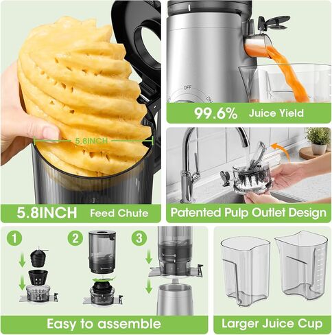 Juicer Machines, 5.8" Wide Feed Chute Cold Press Juicer for Whole Vegetables & Fruits, High Juice Yield, BPA Free (Slivery) in Saudi Arabia