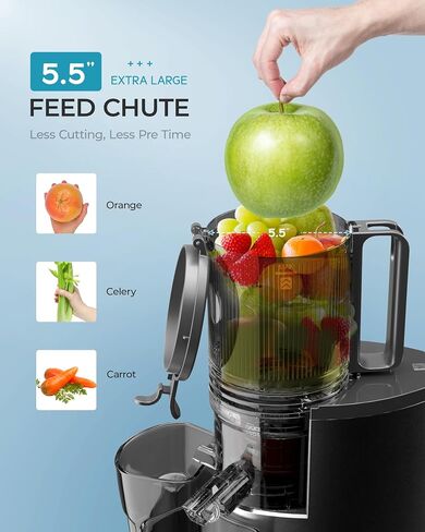 Cold Press Juicer, EUHOMY 5.5" Extra Large Feed Chute Slow Masticating Juicer, 250W Juicer Machines, 99.6% High Juice Yield, Easy to clean, Reverse Function, for Whole Vegetables & Fruits. Black in Saudi Arabia