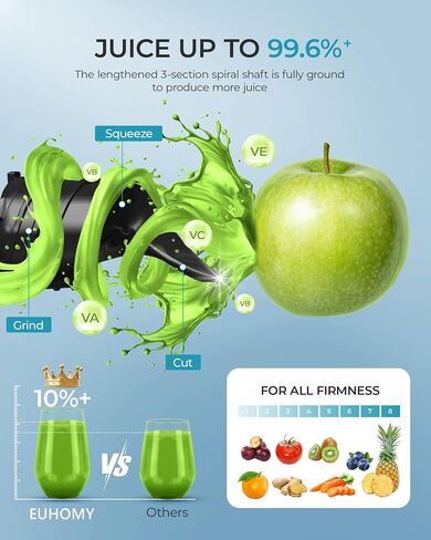 Cold Press Juicer, EUHOMY 5.5" Extra Large Feed Chute Slow Masticating Juicer, 250W Juicer Machines, 99.6% High Juice Yield, Easy to clean, Reverse Function, for Whole Vegetables & Fruits. Black in Saudi Arabia