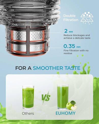 Cold Press Juicer, EUHOMY 5.5" Extra Large Feed Chute Slow Masticating Juicer, 250W Juicer Machines, 99.6% High Juice Yield, Easy to clean, Reverse Function, for Whole Vegetables & Fruits. Black in Saudi Arabia