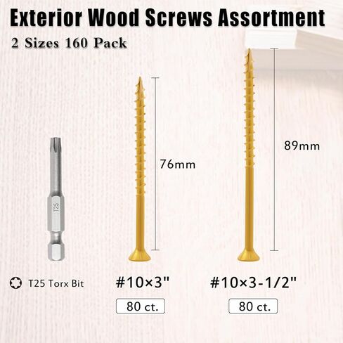 مجموعة متنوعة من براغي سطح السفينة 420 قطعة - 8 × 1-1/4 بوصة، 8 × 1-1/2 بوصة، 8 × 2 بوصة، 9 × 2-1/2 بوصة خشب مقاوم للصدأ ومسمار ذاتي الحفر للتثبيت الآمن سطح خارجي، وأسوار وتجديد داخلي، T25 Star Bit، تان in Kuwait
