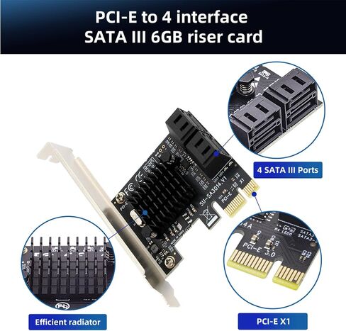 PCIe X4 SATA Expansion Card, 6-Ports SATA III Controller Cards with Data and Power Cables, Supports PCI-Express 4X 8X 16X Slot, Low Profile Bracket, for Windows10/7/8/XP/Vista/linux in Saudi Arabia