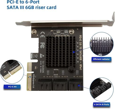 PCIe X4 SATA Expansion Card, 6-Ports SATA III Controller Cards with Data and Power Cables, Supports PCI-Express 4X 8X 16X Slot, Low Profile Bracket, for Windows10/7/8/XP/Vista/linux in Saudi Arabia