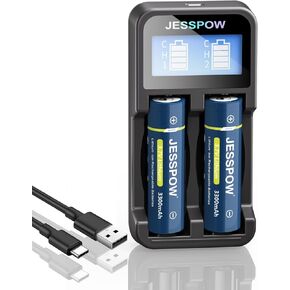 2 Pack 18650 Rechargeable Battery with Charger, Universal Charger for 3.7V Rechargeable Batteries 14500 18500 17500 (Button Top Type)