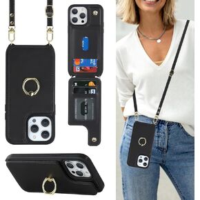 for iPhone 15 Pro Case with Card Holder for Women,iPhone 15 Pro Phone Case with Strap,Crossbody Lanyard,Ring Stand,Snap Clasp,Cute Wallet Case 6.1 inch(Black)