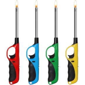 6 Pack - Vezee Fuel Included Handi BBQ Grill Click Flame Long Stem Lighter - Refillable Butane Gas Candle Fireplace Kitchen Stove Wind Resistant, Red