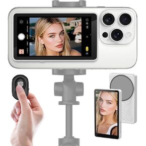 Wireless Vlog Selfie Monitor Screen for iPhone & Android, Bluetooth Remote, 180° Flip, Magnetic Stand, Wide Screen Mode, 1800mAh Battery, Rear Camera Live View for TikTok & YouTube (White)