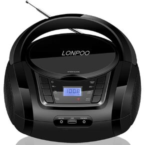 BOOMBOX BOOMBOX LONPOO CD مع راديو FM/USB/Bluetooth/AUX وإخراج مقبس سماعة الهاتف ، مكبر صوت استريو ومشغل صوت ، أبيض
