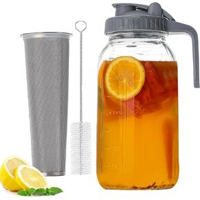 2 Quart Glass Pitcher with Lid for Fridge, Cold Brew Coffee Maker 64 oz, 2 Pack Airtight Leakproof Iced Tea Pitcher with Stainless Steel Filter, New Years Gifts for Friends (Black & Gray)