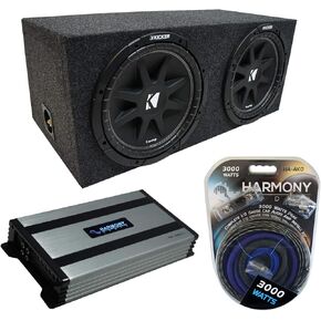 Harmony Audio Kicker Bundle Compatible with Universal Vehicles CompC Dual 12" Loaded Sub Box Enclsoure with HA-A800.1 1600 Watt Subwoofer Amplifier
