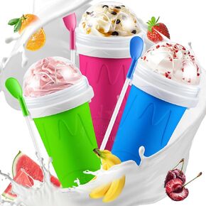 2 Pack Slushy Cup, Slushie Maker Cups, Magic Frozen Squeeze Cups for Ice Cream Juice Milk Yogurt, DIY Smoothie Cooling Cup with Lid and Straw for Kids Friends Family (Blue and Pink)