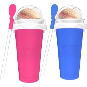2PCS Slushie Maker Cup, Quick Frozen Magic Cups for Homemade Milk Shake Ice Cream Maker, Double Layer Squeeze Slushy Maker Cup, Birthday Gifts for Kids,Friends,Family (Blue+Pink)