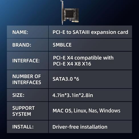 PCIe X4 SATA Expansion Card, 6-Ports SATA III Controller Cards with Data and Power Cables, Supports PCI-Express 4X 8X 16X Slot, Low Profile Bracket, for Windows10/7/8/XP/Vista/linux in Saudi Arabia