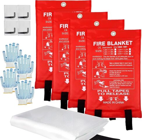 MDH Fire Blanket 40x40 Inches Fiberglass w/Gloves Hooks Whistle - Fireproof Safety for Home, Kitchen, Restaurant, House - Fire Suppression Reusable (Fire Blanket 4-Pack) in Saudi Arabia