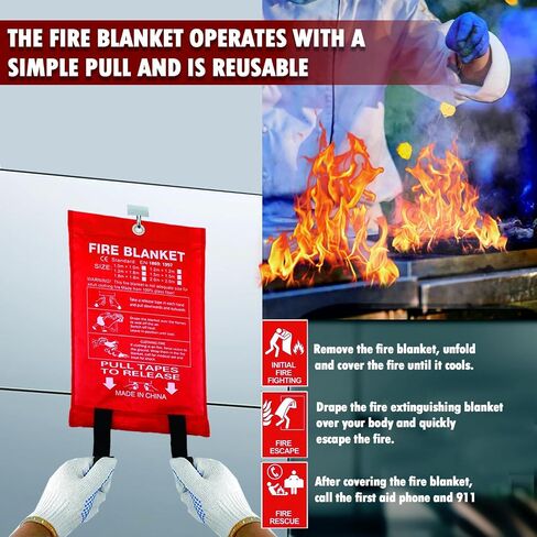 MDH Fire Blanket 40x40 Inches Fiberglass w/Gloves Hooks Whistle - Fireproof Safety for Home, Kitchen, Restaurant, House - Fire Suppression Reusable (Fire Blanket 4-Pack) in Saudi Arabia
