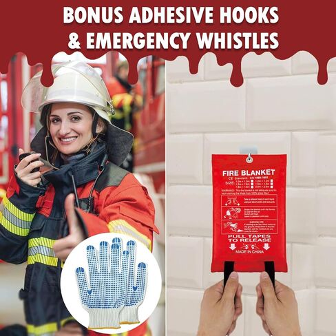 MDH Fire Blanket 40x40 Inches Fiberglass w/Gloves Hooks Whistle - Fireproof Safety for Home, Kitchen, Restaurant, House - Fire Suppression Reusable (Fire Blanket 4-Pack) in Saudi Arabia
