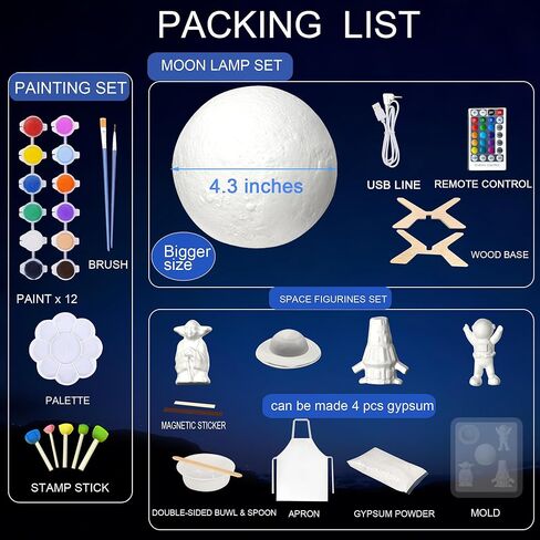 SHINECLOUD Paint Your Own Moon Lamp Kit 5.9'', Arts & Crafts Kit Art Supplies for Kids/Boys/Girls, Rechargeable 16 Colors DIY Night Light with Remote Control/Touch Sensor/Wooden Stand in Kuwait