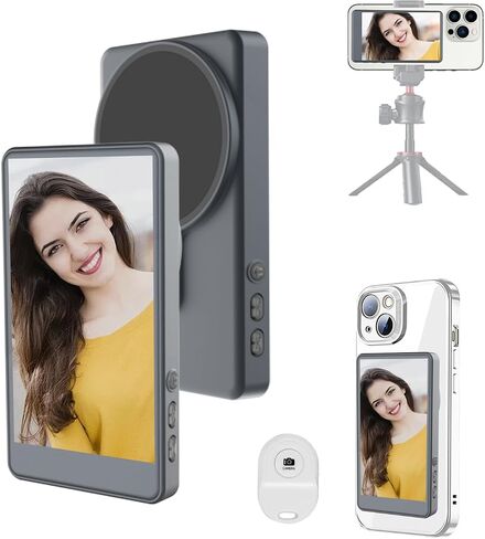 Phone Vlog Selfie Monitor Screen, Magnetic Vlog Selfie Monitor Screen with Remote Control, Wireless Back Camera Monitor for Vlog Live Stream TikTok YouTube, Compatible with iPhone & Android (Grey) in Saudi Arabia