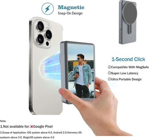 Phone Vlog Selfie Monitor Screen, Magnetic Vlog Selfie Monitor Screen with Remote Control, Wireless Back Camera Monitor for Vlog Live Stream TikTok YouTube, Compatible with iPhone & Android (Grey) in Saudi Arabia