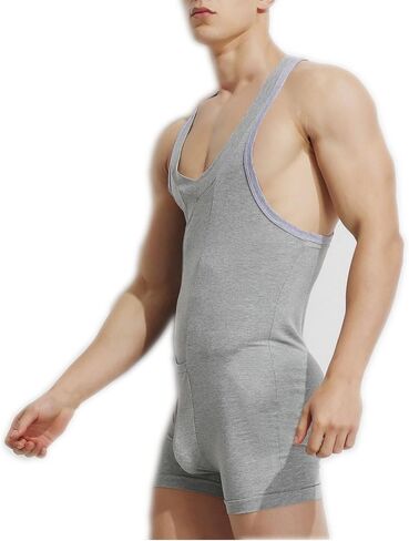 Men's Cotton Tank top One Piece Wrestling Singlet Bodysuit Leotard Underwear (Blue_cotton, XL) in Kuwait