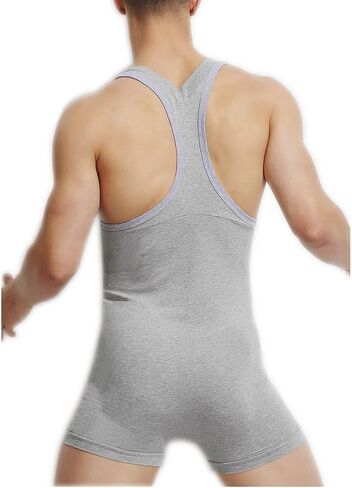 Men's Cotton Tank top One Piece Wrestling Singlet Bodysuit Leotard Underwear (Blue_cotton, XL) in Kuwait