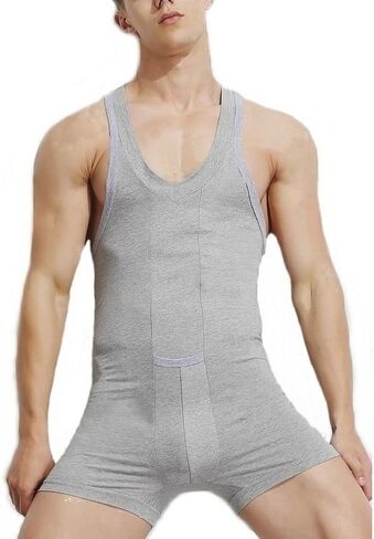 Men's Cotton Tank top One Piece Wrestling Singlet Bodysuit Leotard Underwear (Blue_cotton, XL) in Kuwait