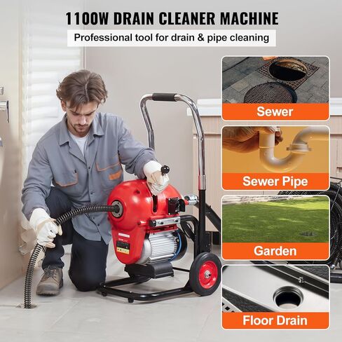 VEVOR 50FTx1/2Inch Drain Cleaner Machine, Sewer Snake Electric Drain Auger Cleaner with 4 Cutter & Foot Switch for 2" to 4" Pipes in Kuwait