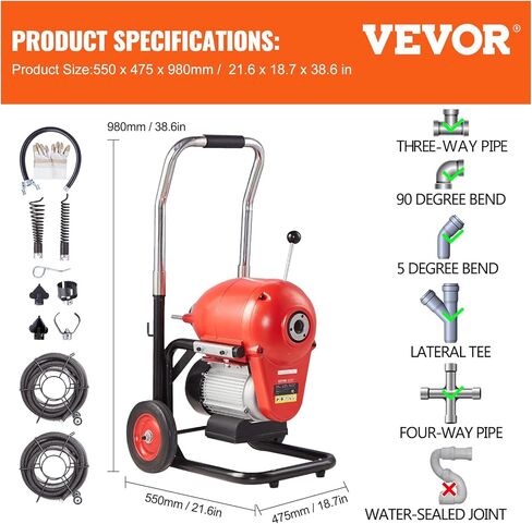 VEVOR 50FTx1/2Inch Drain Cleaner Machine, Sewer Snake Electric Drain Auger Cleaner with 4 Cutter & Foot Switch for 2" to 4" Pipes in Kuwait