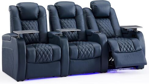 Home Theater Seating Top Grain Leather Recliner Chair Power Headrest and Recline Movie Seats Gaming Sofa with Tray Table Type-C USB Charge Cup Holders Row of 3 Blue in Saudi Arabia