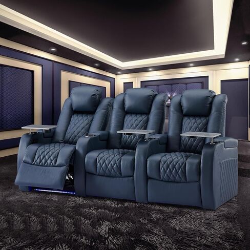 Home Theater Seating Top Grain Leather Recliner Chair Power Headrest and Recline Movie Seats Gaming Sofa with Tray Table Type-C USB Charge Cup Holders Row of 3 Blue in Saudi Arabia
